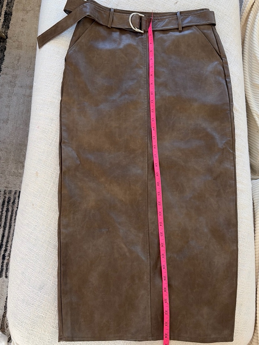 Brown Faux Leather Pencil Skirt with Belt